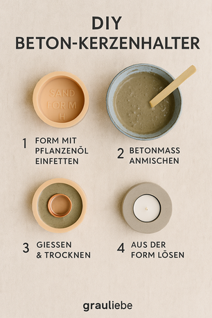 DIY-Anleitung in vier Schritten zur Herstellung eines Beton-Kerzenhalters: Silikonform einfetten, Beton anmischen, gießen und trocknen lassen, fertigen Kerzenhalter aus der Form lösen.