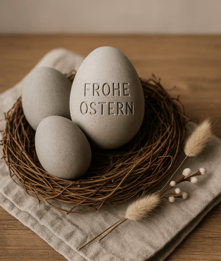 Handgemachte Beton-Ostereier im Nest – nachhaltige Osterdeko mit ‚Frohe Ostern‘ Gravur aus dem Mostviertel