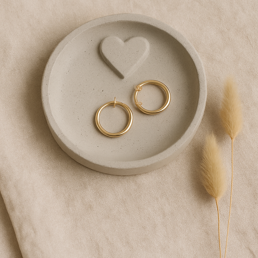 Zentrierte, handgemachte Betonschale mit Herz-Relief und goldenen Creolen auf beigem Leinentuch – stilvolle Muttertagsgeschenkidee mit Naturakzenten.